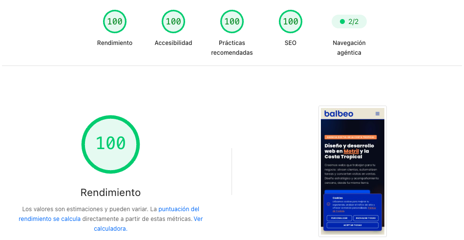 Resultado de balbeo.com en PageSpeed Insights: 100/100 en Rendimiento, Accesibilidad, Prácticas recomendadas y SEO